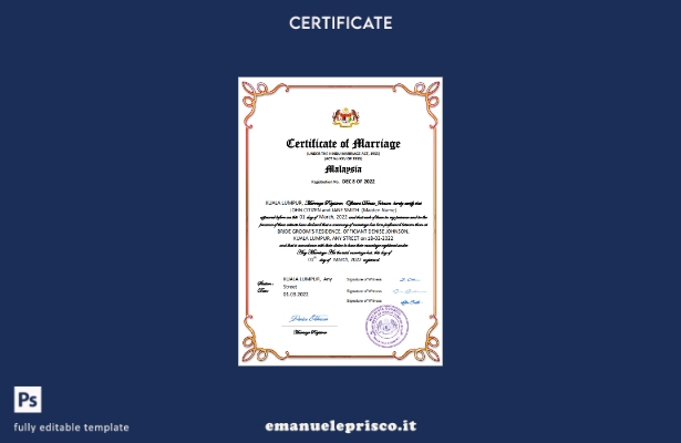 certificato di matrimonio Malesia stile verificato Modello Word e PDF
